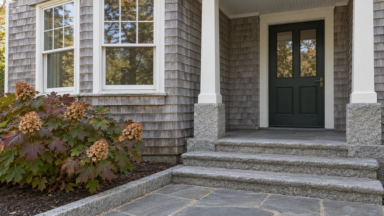 Weathered cedar-shingle home with white bay windows, a dark-green entry door, granite steps, and autumn oakleaf hydrangea.