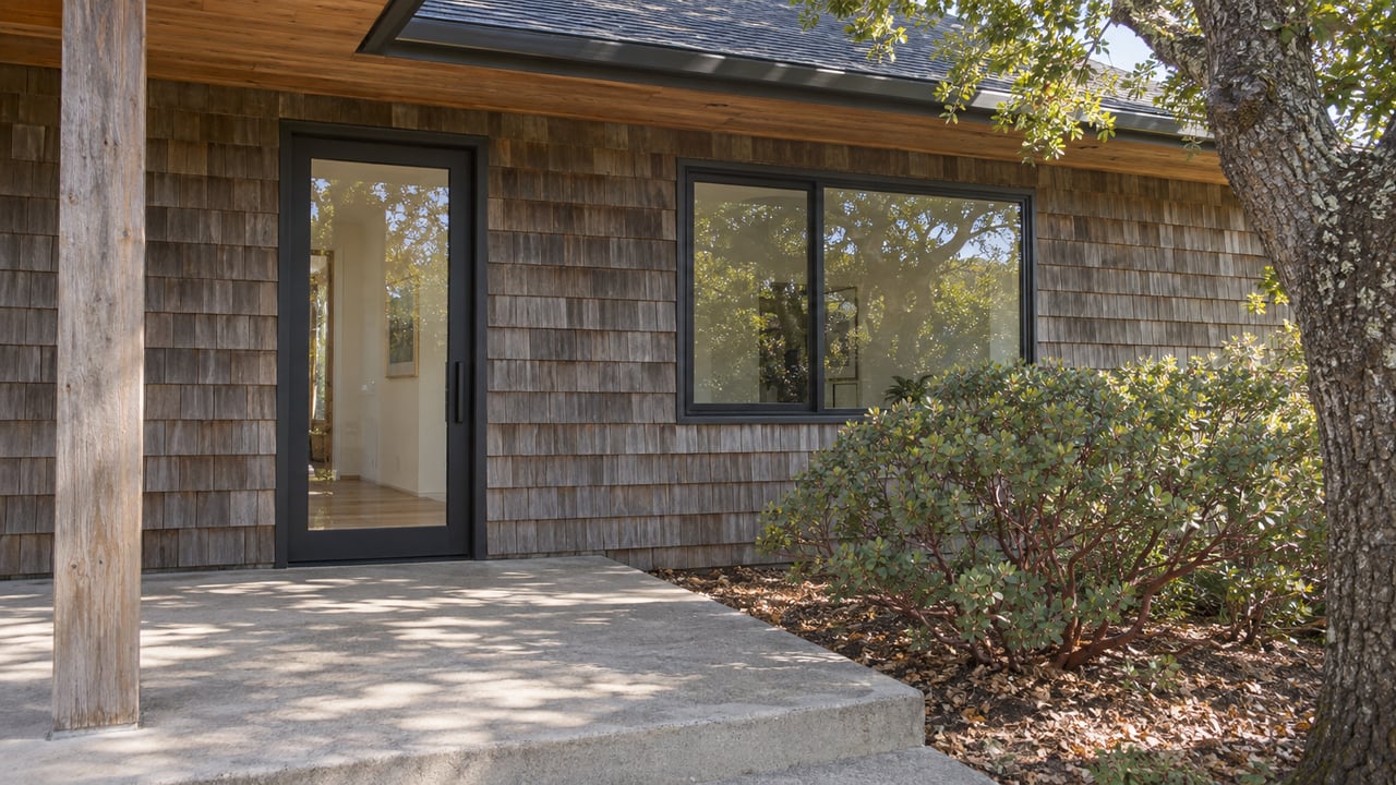 Weathered cedar-shingled home with a shaded glass entry, concrete patio, sculptural manzanita and mature oak.