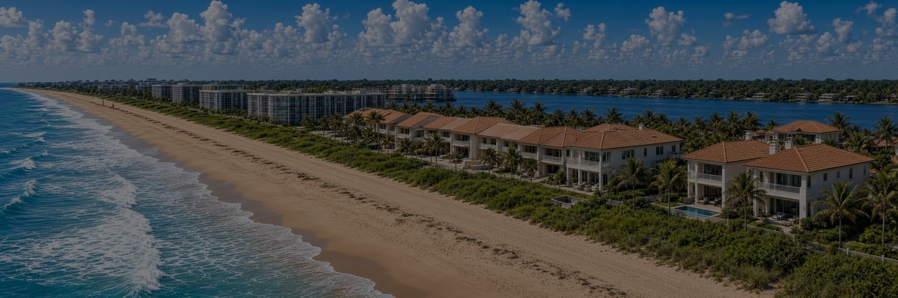 Sunny Palm Beach County shoreline with palm trees and an oceanfront condominium along the beach.