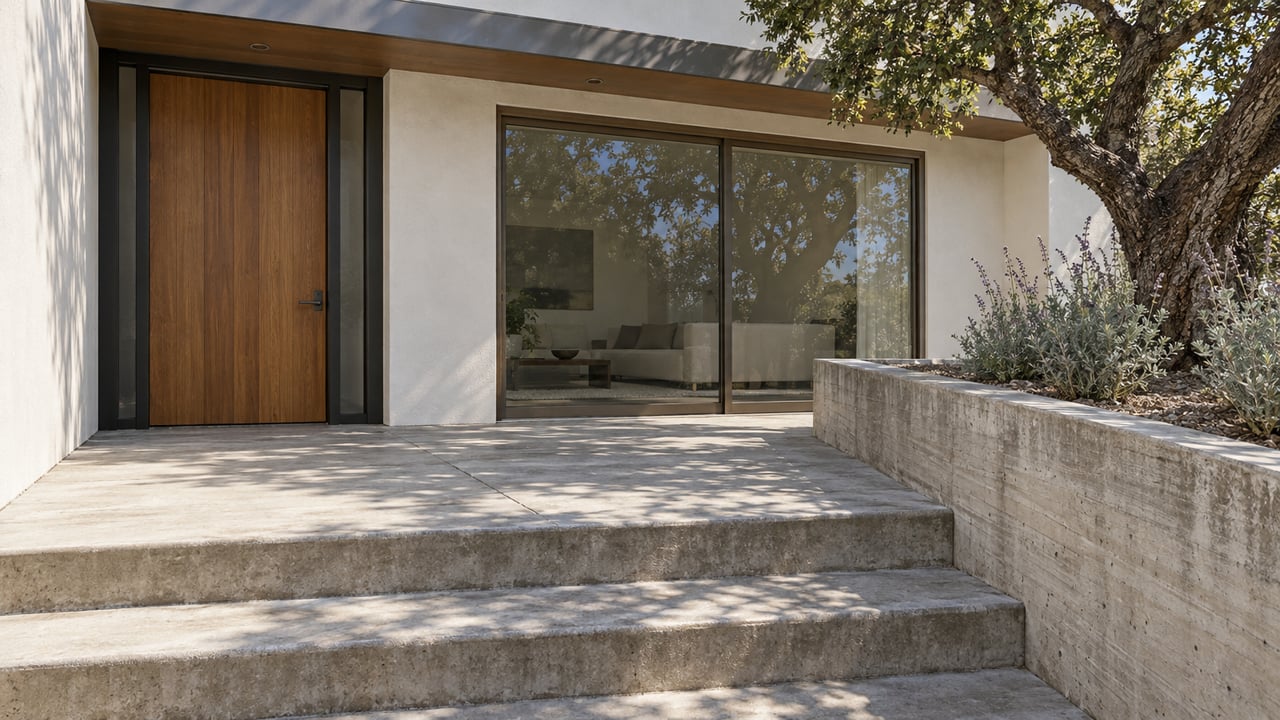 Stepped concrete approach to a contemporary hillside home with a recessed timber door, bronze-framed glass, and a coast live oak above a raised planting bed.