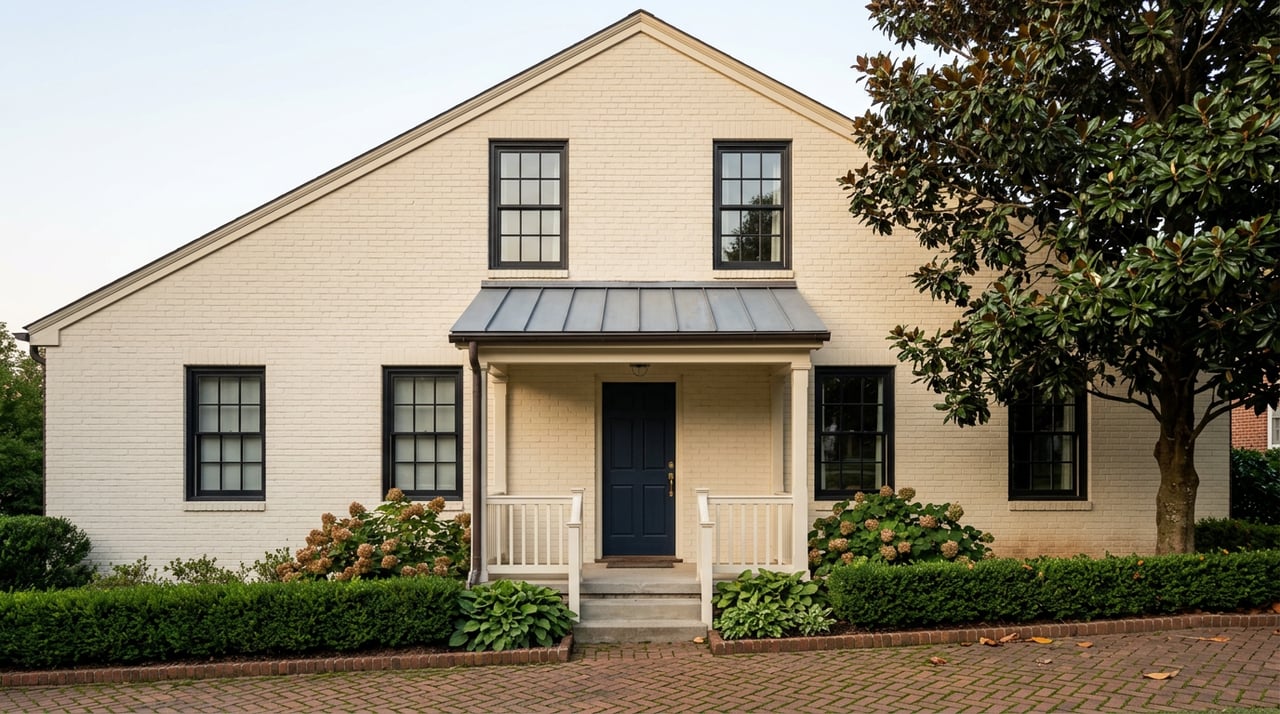 Narrow cream-brick, two-story gable-front house with a centered porch, navy door, and magnolia canopy.