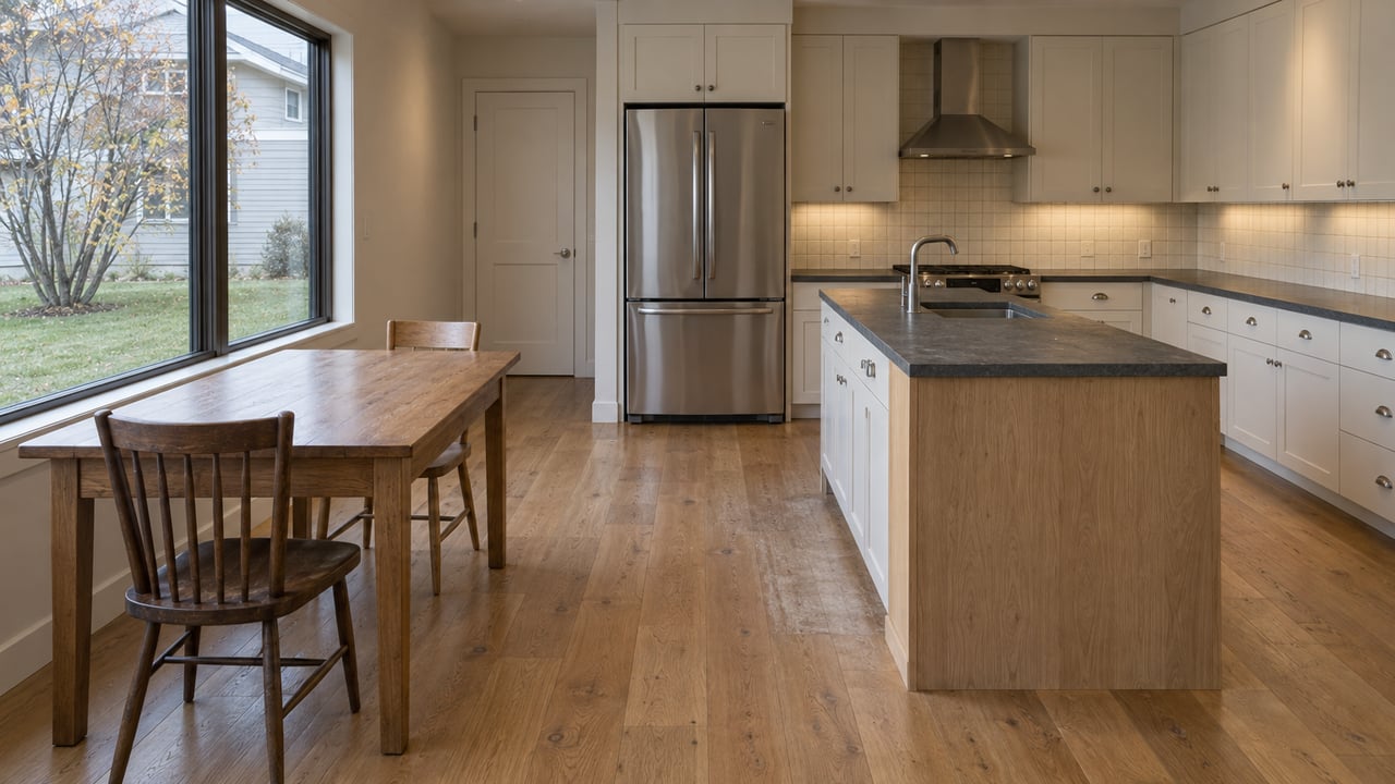 Kitchen-dining room with an oak table by a picture window overlooking lawn and a neighboring house.