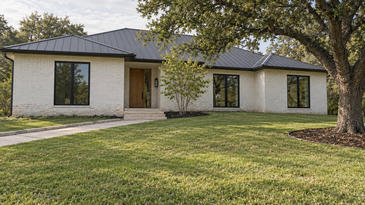 A broad gently sloping lawn leads to a white-painted brick home with black-framed windows, a limestone approach, and a spreading mature live oak.
