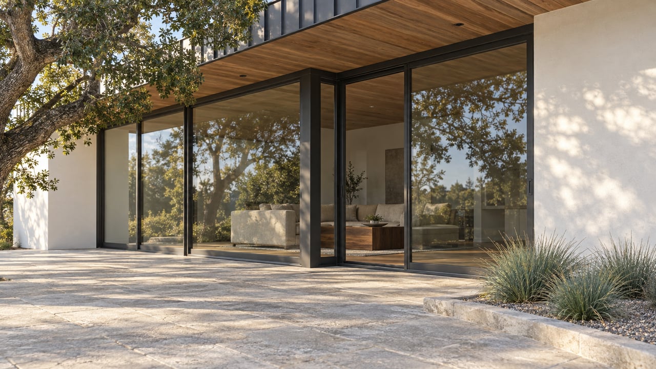 A glazed contemporary home corner with cedar eaves, limestone terrace and a mature oak reflected in closed glass doors.