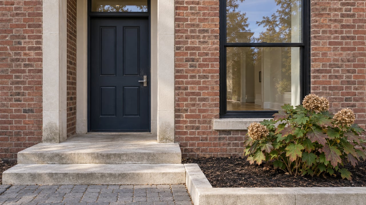 Close view of a renovated brick townhouse entry with a navy door, limestone steps, black-framed window and autumn oakleaf hydrangea.