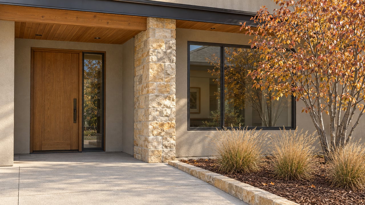 Sunlit contemporary home entry with sandstone, cedar soffit, an oak door and copper-colored serviceberry foliage beside a concrete walk.