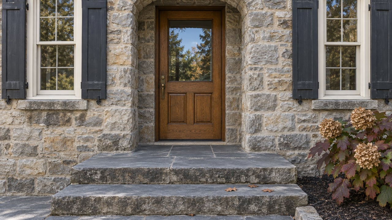 Stone house entrance with an arched oak door, paired shuttered windows, slate steps, and burgundy oakleaf hydrangea foliage.