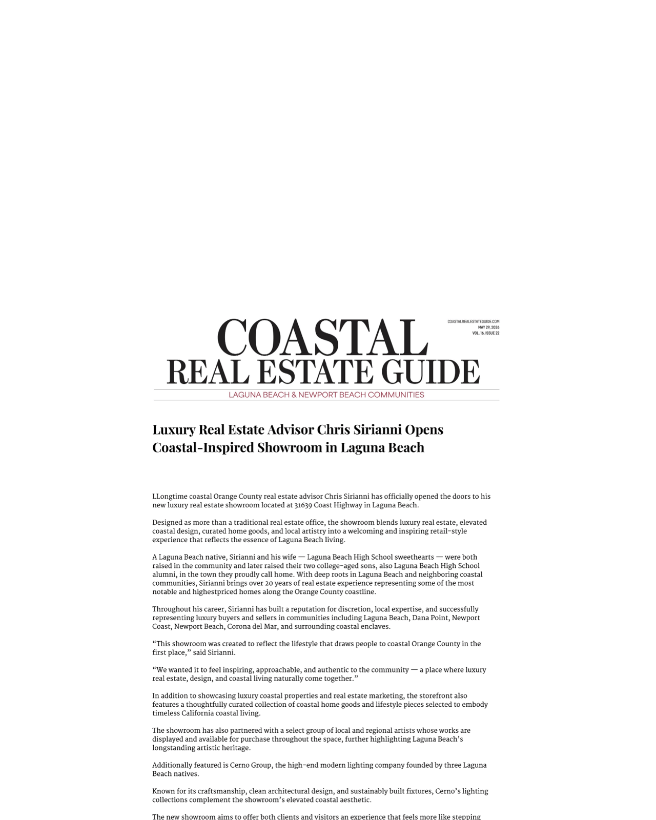 Luxury Real Estate Advisor Chris Sirianni Opens Coastal-Inspired Showroom in Laguna Beach 