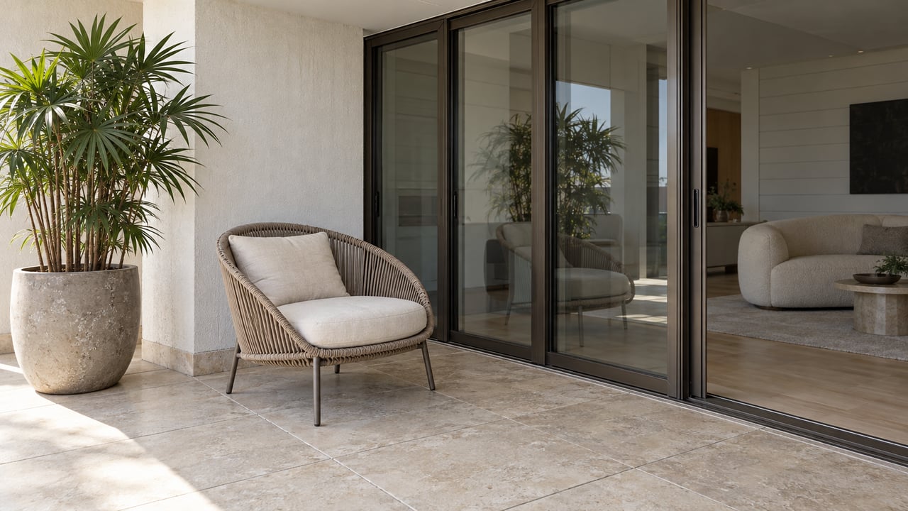 Covered condominium terrace with limestone paving, a woven lounge chair, a potted lady palm and closed glass doors into a bright living room.