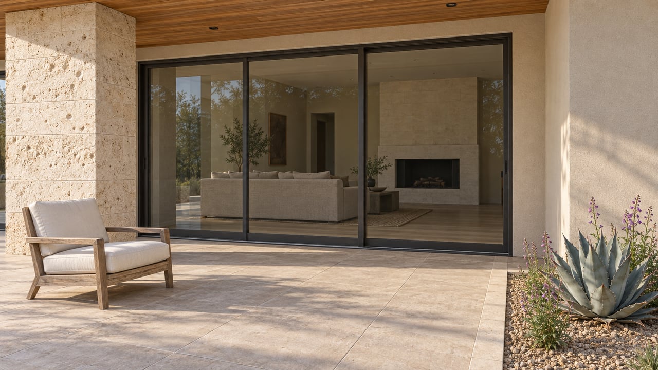 Covered terrace with cedar soffit, limestone pier, bronze-framed glass doors and a blue-gray agave beside buff paving.