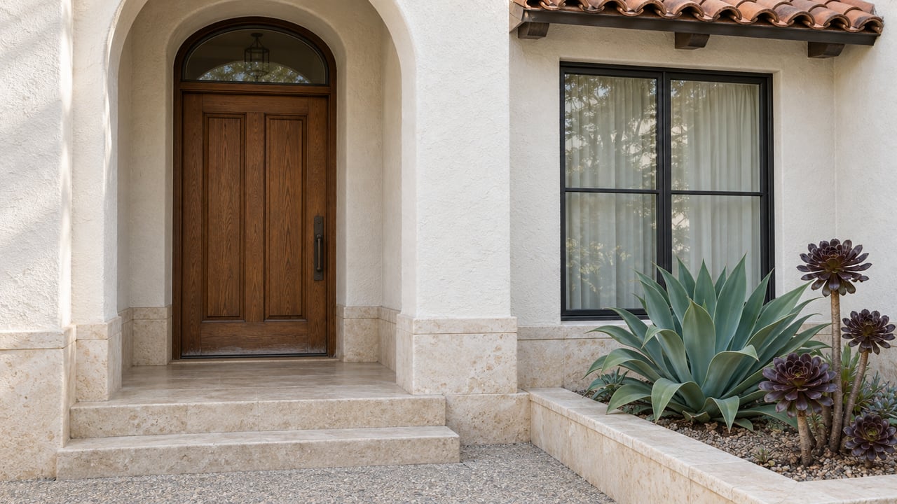 White stucco home entry with an arched oak doorway, clay tile eave, limestone steps and sculptural succulents.
