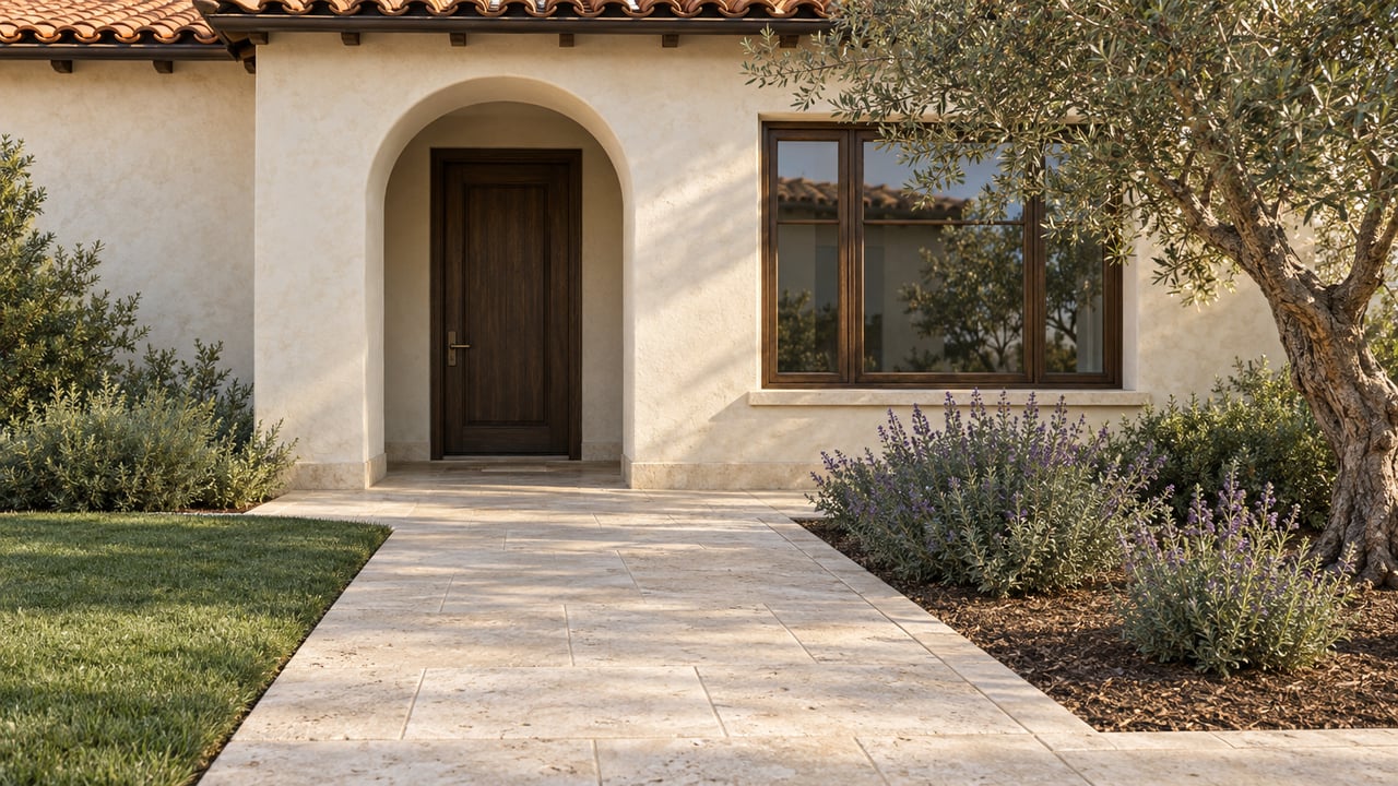 An arched oak entrance and broad window in an ivory stucco home, beside a worn limestone path and sculptural olive tree.