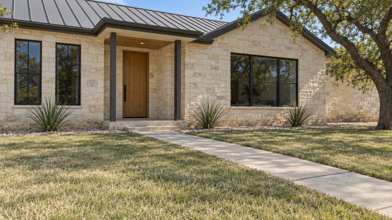 Limestone home with a dark metal roof, oak entry door, deep front lawn, and mature live oak in bright daylight.