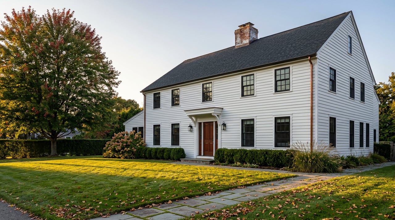 Two-story white clapboard house with a charcoal gabled roof, bluestone walkway, and early-fall foliage.