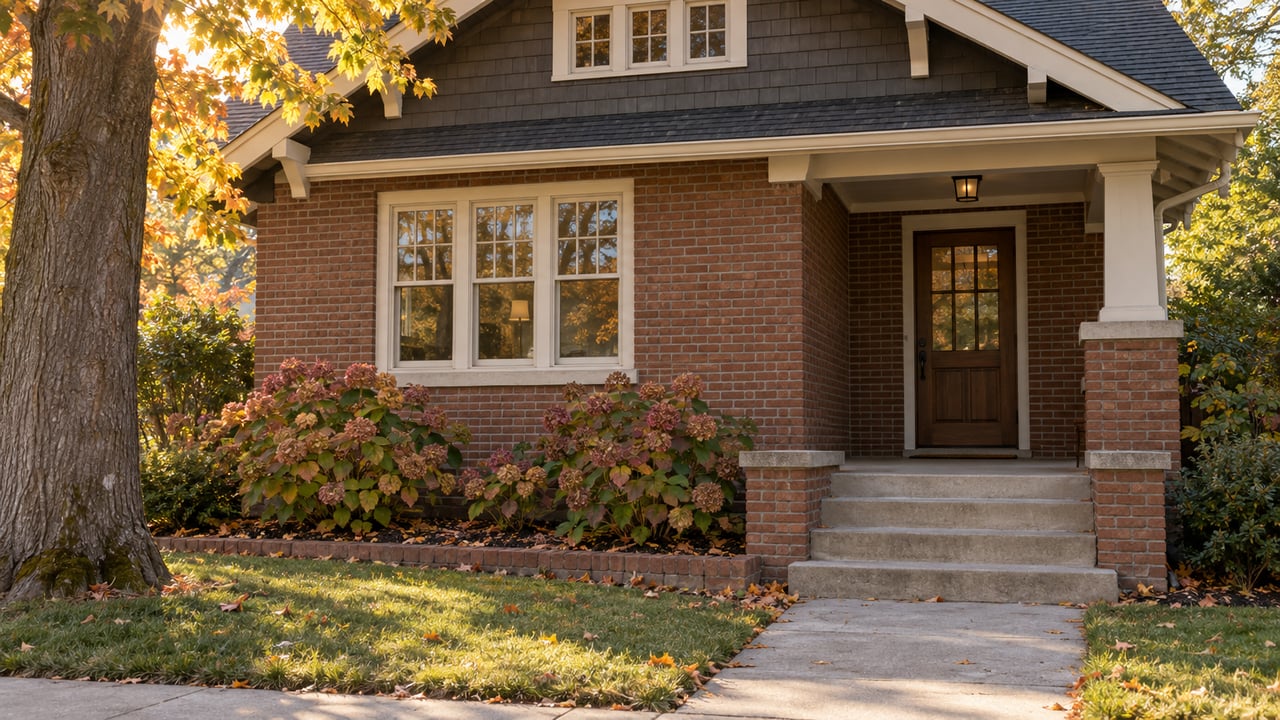 Brick bungalow with a recessed wood door, concrete steps, and a gold-orange maple canopy.