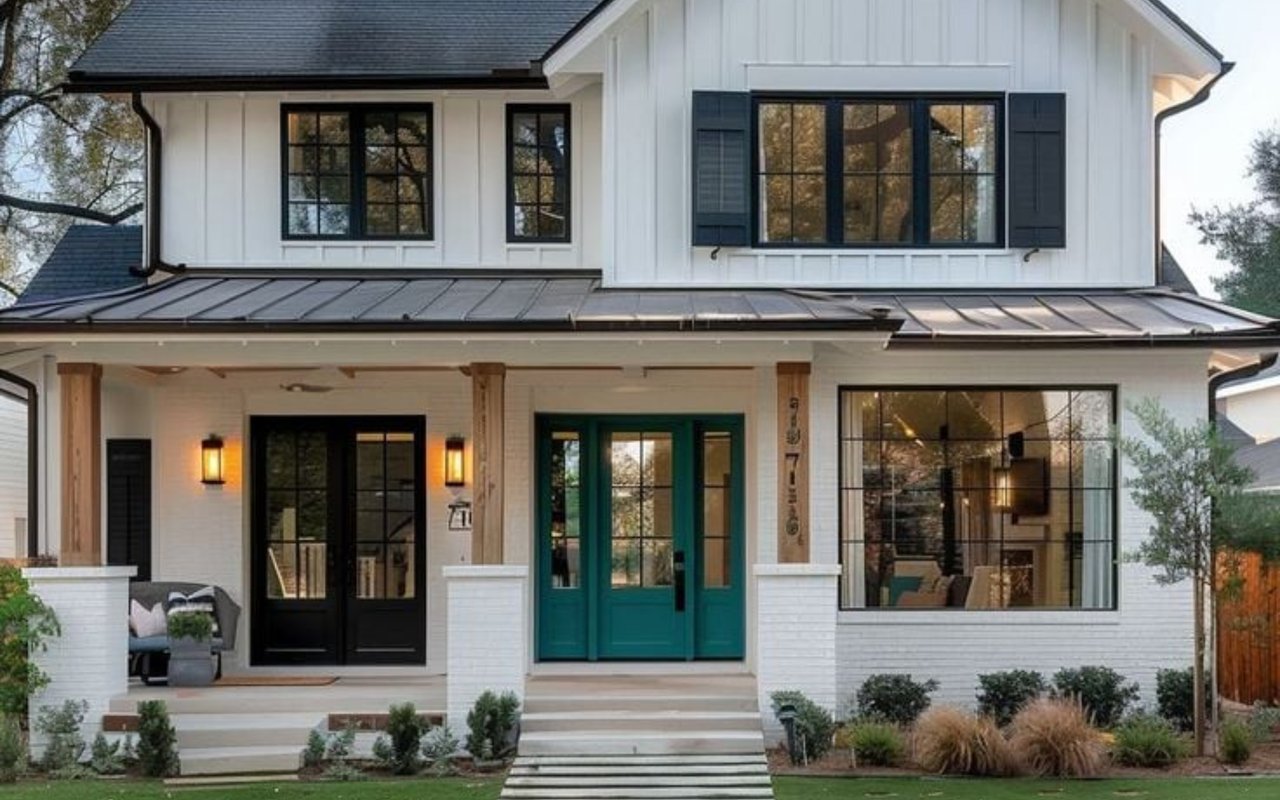 White two-story house with a teal front door, black-framed windows, and a covered porch.