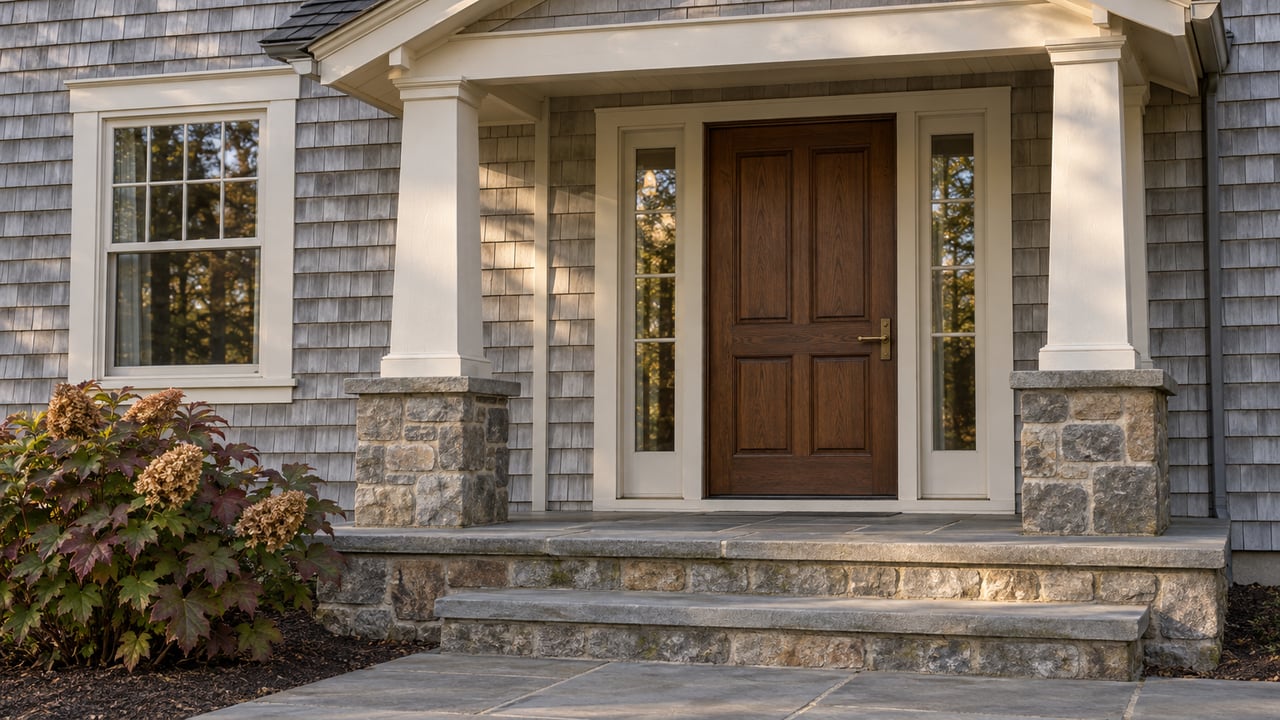Weathered cedar-shingle home with a white columned porch, dark oak front door, and broad bluestone steps beside an oakleaf hydrangea.