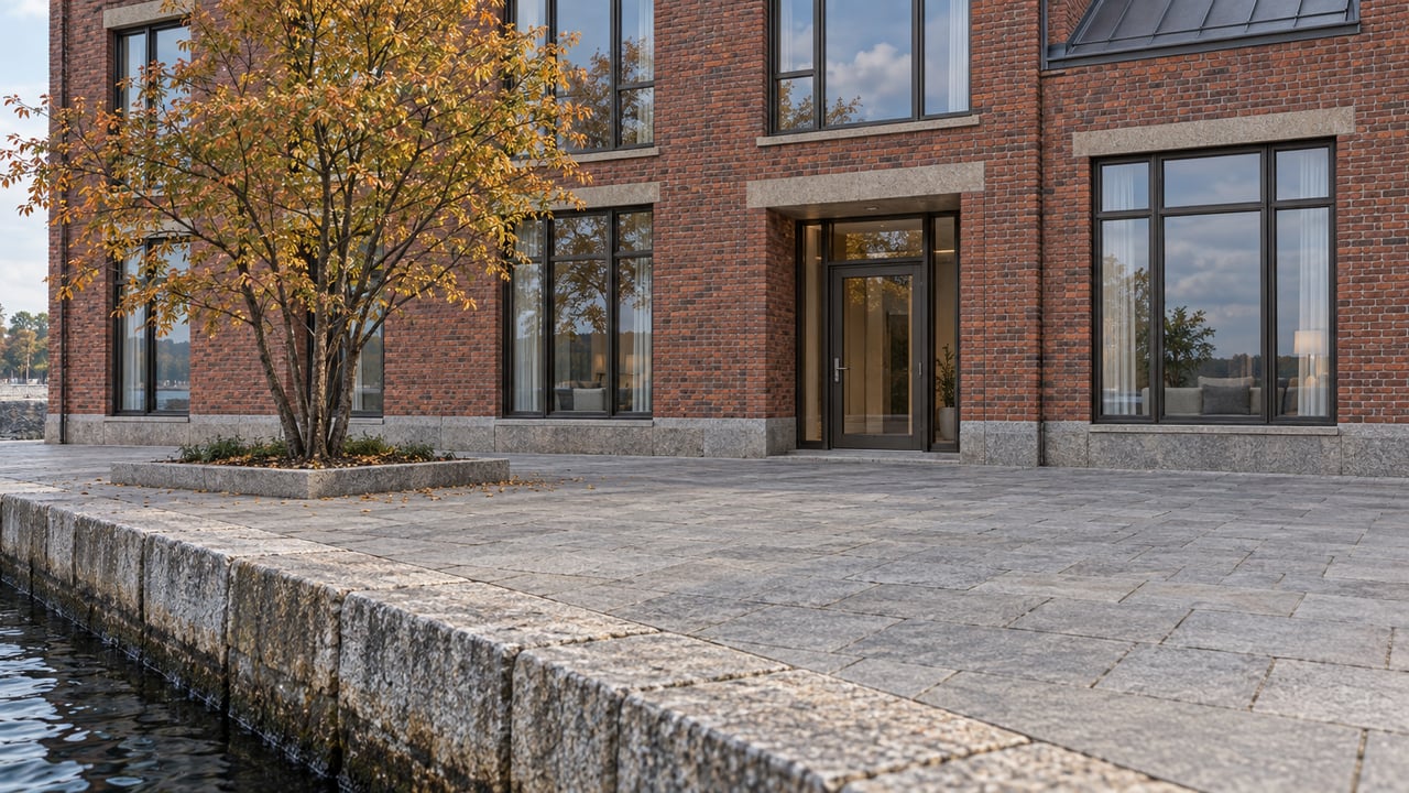 Red-brick waterfront building with dark-framed windows, a granite forecourt, and an amber-leaved tree beside a seawall.