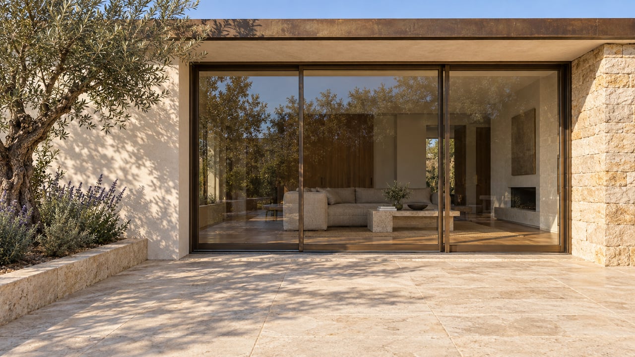 Morning light on a limestone terrace beside a plaster and stone home, with a mature olive tree and closed bronze-framed glass doors.