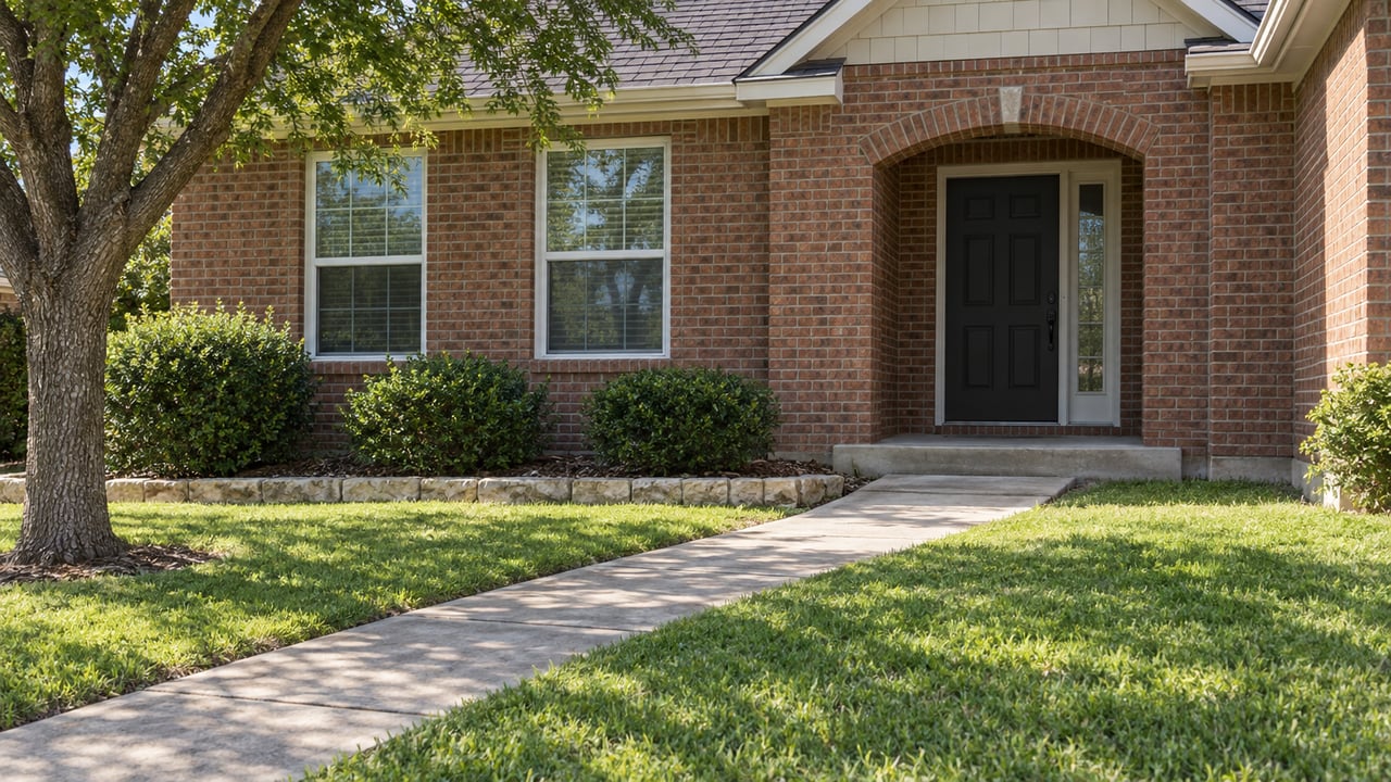 Red-brick house with an arched covered entry, white-framed windows, a concrete approach and an established lawn beneath a branching oak.