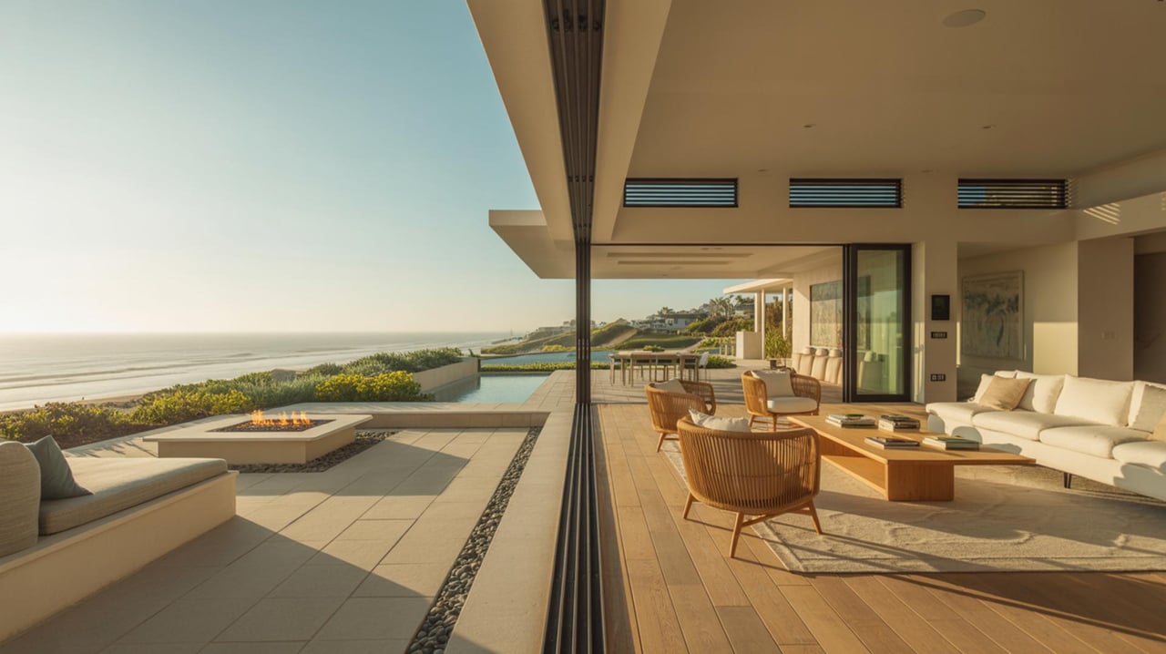 A serene, modern patio overlooking the ocean at sunset, with light tones and a tranquil mood.