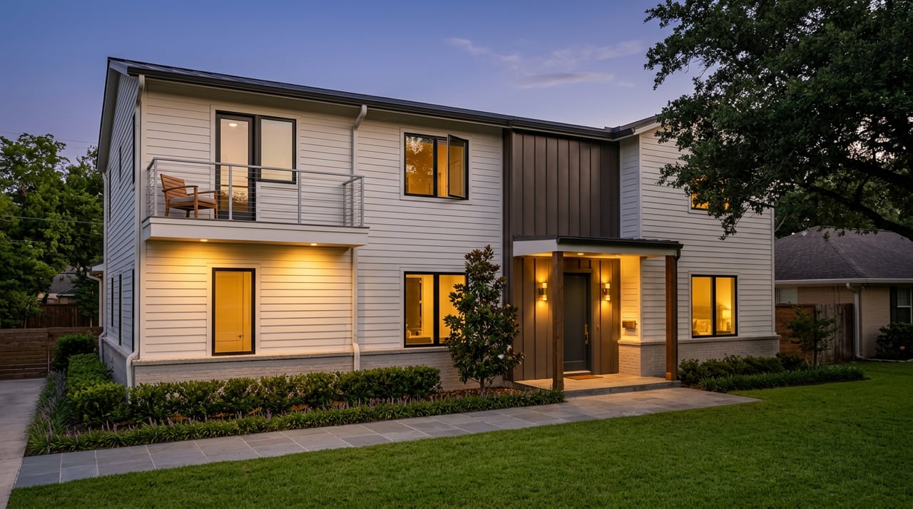 Contemporary two-story home with glowing windows, stone walkway, broad lawn, and oak canopy at twilight.
