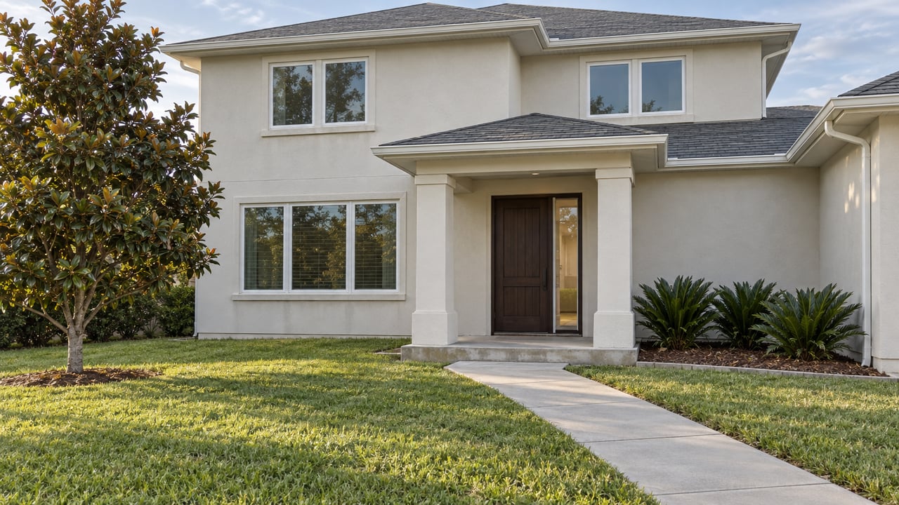 Ivory stucco home with a covered timber-door entry, a deep front lawn and a flowering magnolia in soft afternoon light.