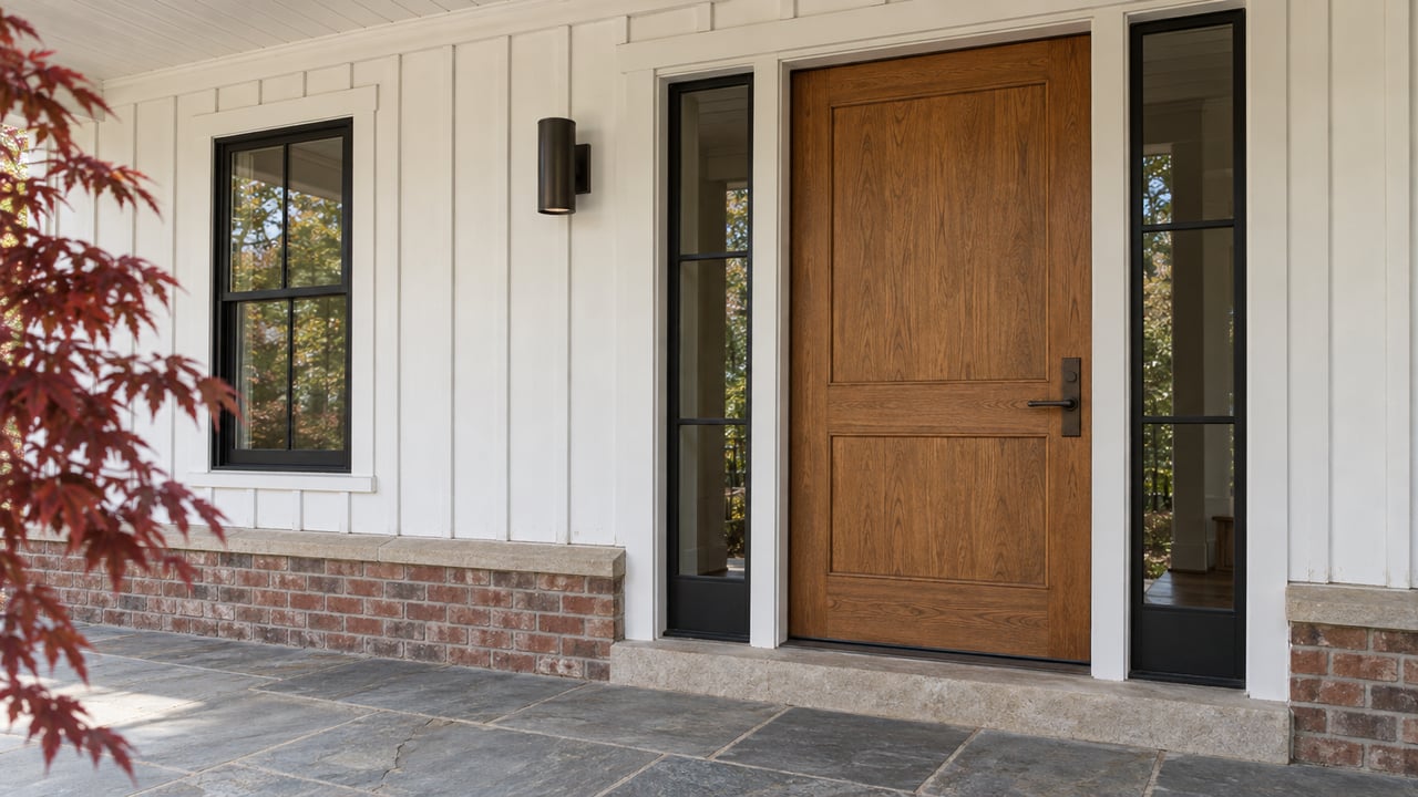 Covered residential entry with an oak door, black-framed sidelights, white siding and gray-blue stone porch paving.