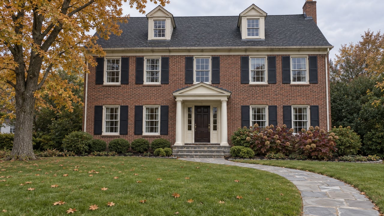 Brick Colonial Revival home with cream trim, a curved stone walk, deep autumn lawn, and an amber-leaved maple.