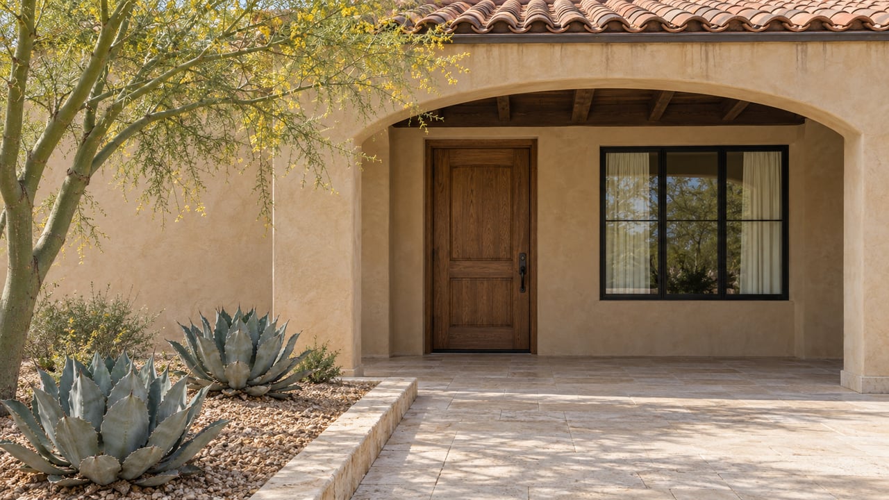 Sand-toned stucco home with a clay-tile roof, recessed arched entry, oak door, limestone approach, blue-gray agaves and a green-trunked tree.