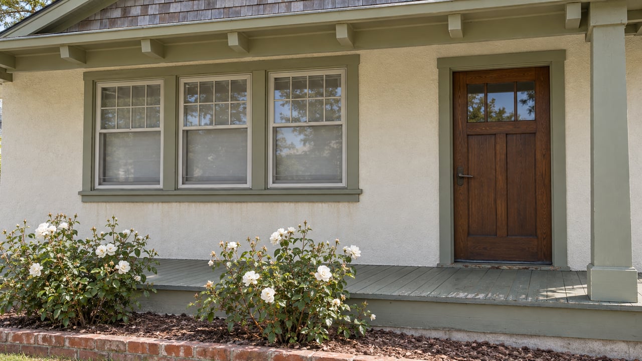 Close view of an ivory stucco bungalow porch with grouped timber windows, a dark oak door and white roses below the raised deck.