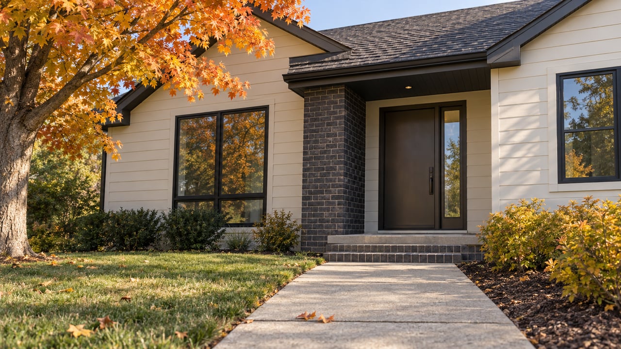 Cream-sided house with a recessed entry, charcoal brick pier, orange-leaved tree, and walk bordered by lawn.