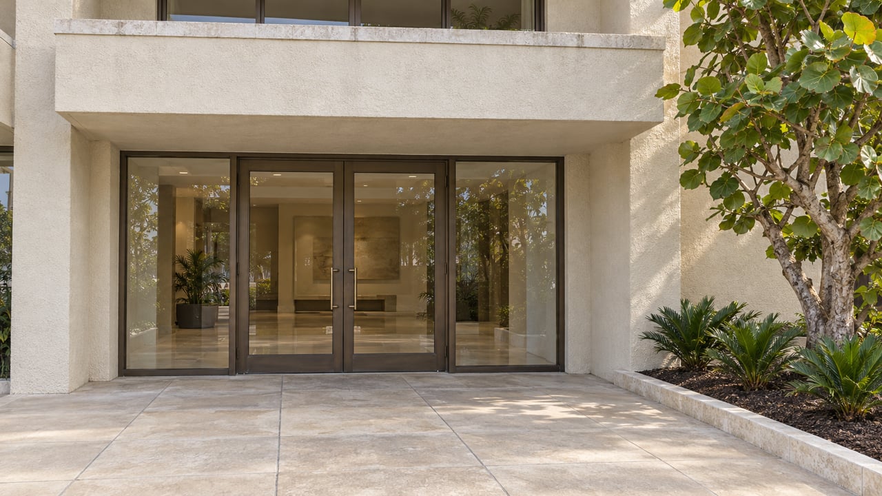 Cream condominium facade with bronze-framed glass entry doors, a shaded balcony, and a sea grape tree beside a stone-bordered planting bed.