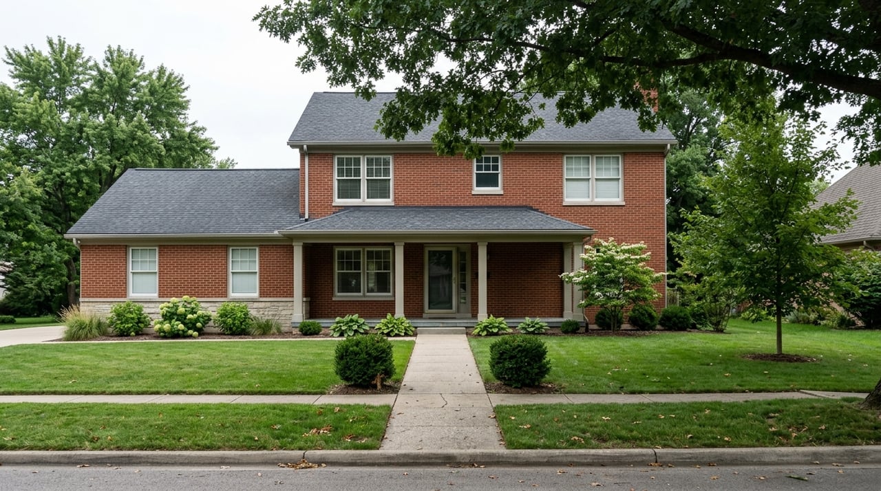 A traditional brick, gabled home stands beyond a broad lawn beneath open sky.