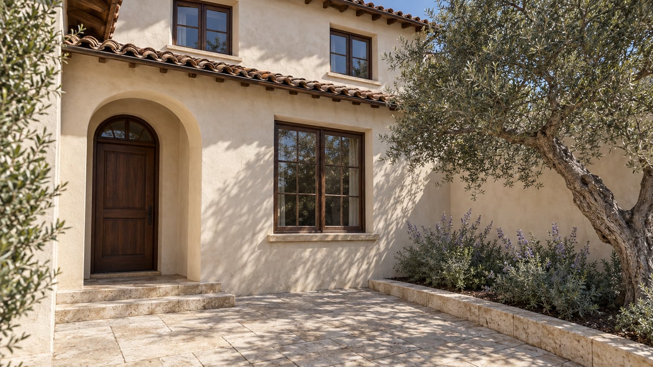 Ivory stucco townhome with terracotta eaves, recessed oak entry, limestone courtyard and a mature olive tree.