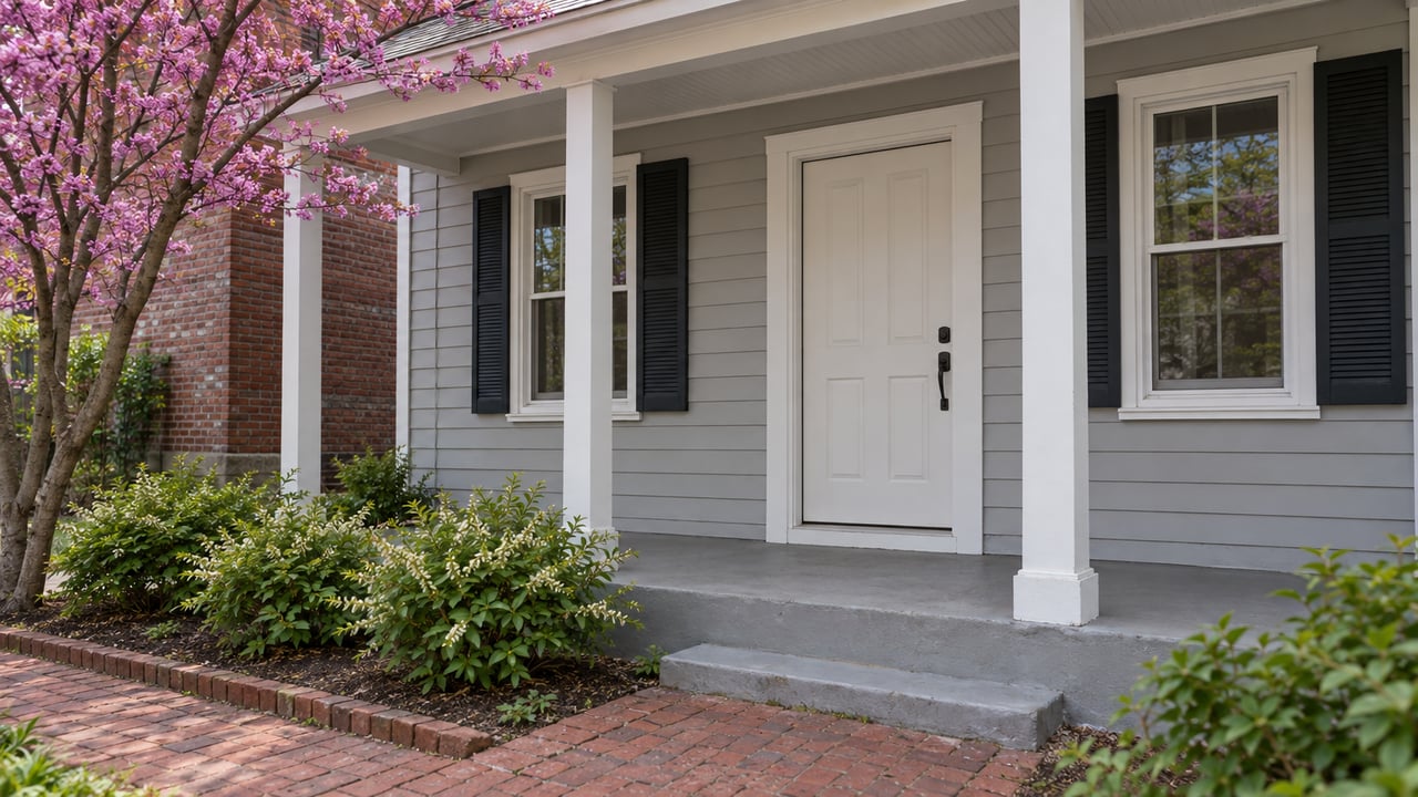 Light-gray house entry with white porch posts, dark-shuttered windows, brick paving, and a neighboring red-brick wall.