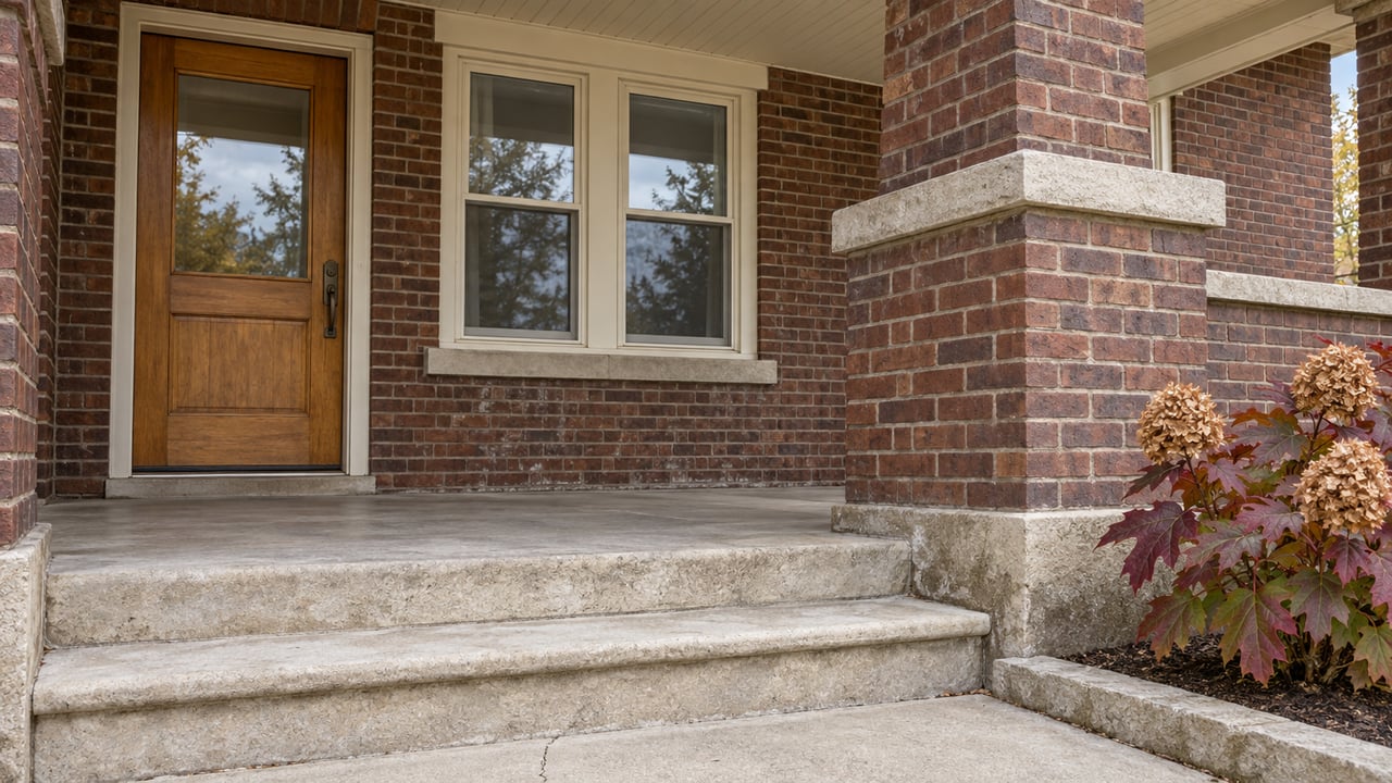 Close view of a brick bungalow porch with an oak glazed door, paired cream sash windows, limestone steps, and autumn oakleaf hydrangea.