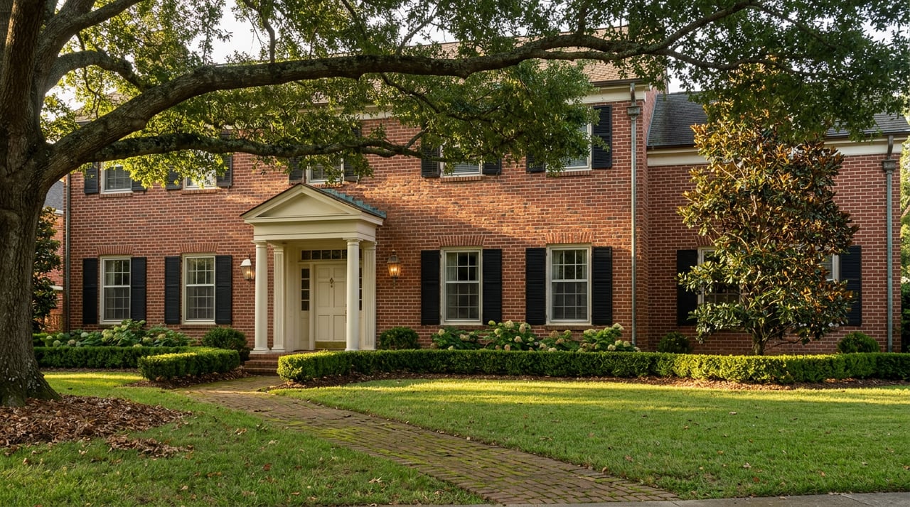 Brick Georgian house beneath a spreading willow oak canopy, with a curved walkway crossing the lawn.