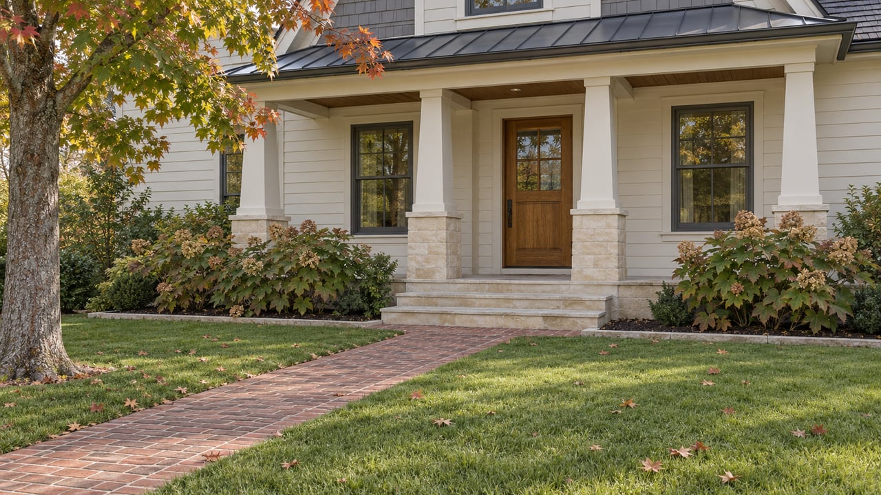 Cream-sided home with a limestone porch, oak entrance door, brick approach and green lawn beneath a mature maple.