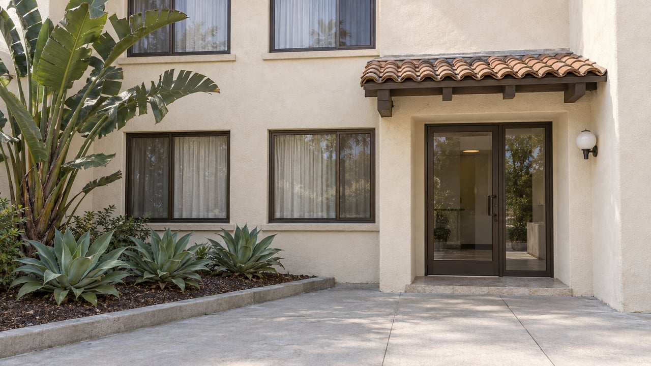 Cream stucco condominium entrance with bronze-framed glazing, terracotta canopy, and a curbed planted bed beside a concrete approach.