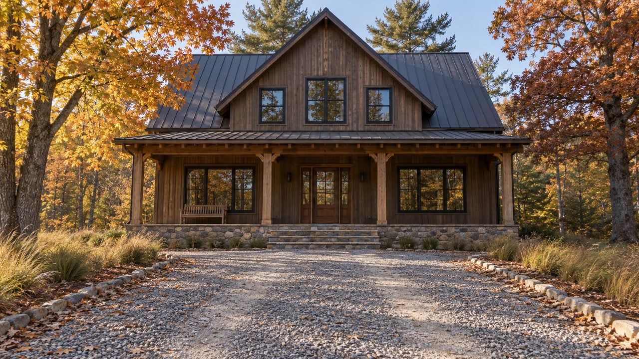 Timber-sided home with a stone foundation and covered porch beyond a gravel approach, framed by orange maple leaves and russet oak foliage.