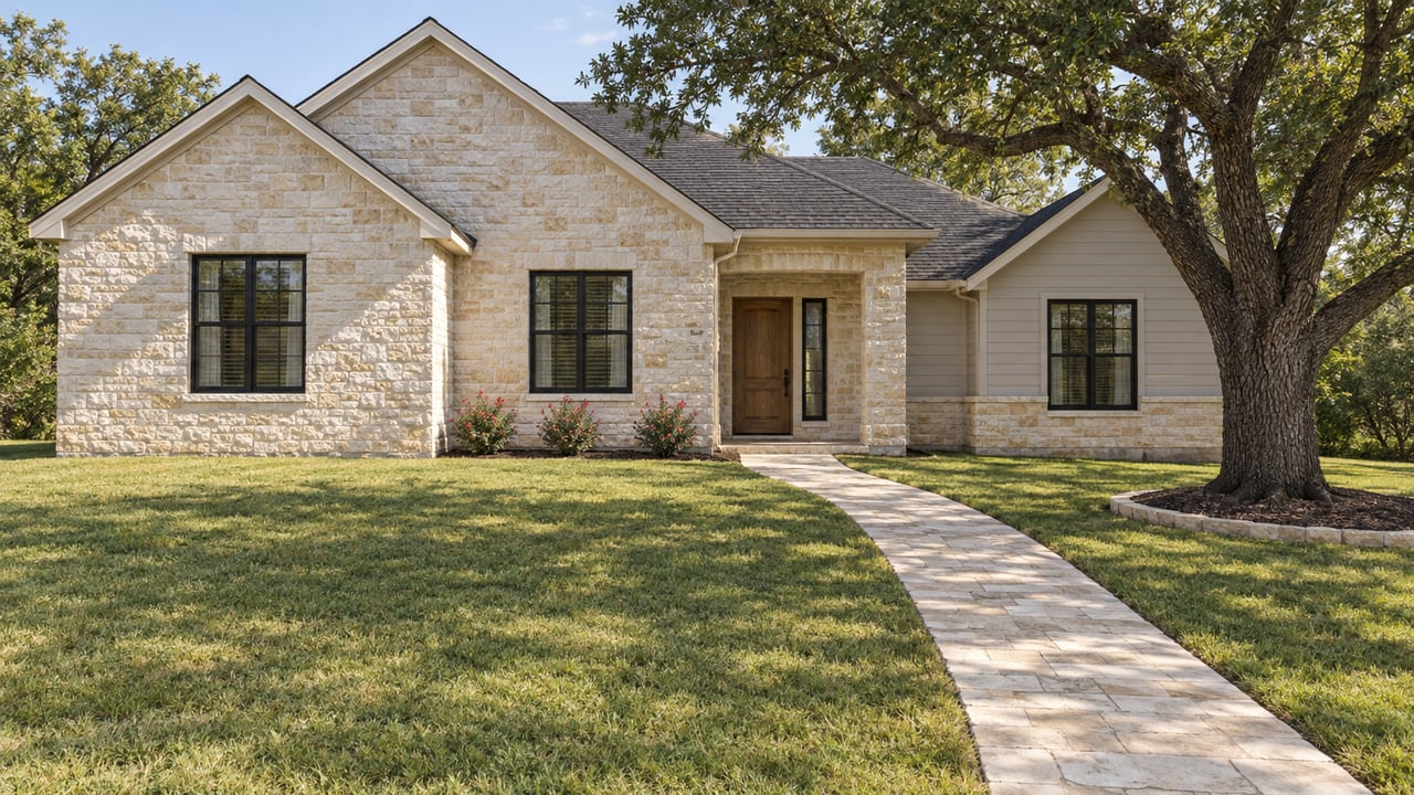 Limestone and painted-siding home beyond a broad front lawn, with a stone entry walk and a mature spreading oak.
