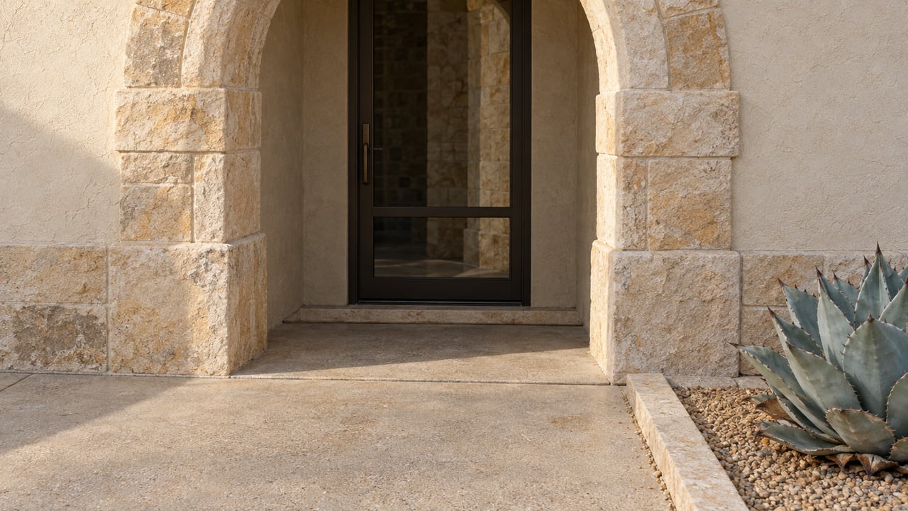 Buff limestone arch and cream stucco frame a recessed bronze glass entry door, beside a blue-gray agave and a neatly bordered gravel bed.