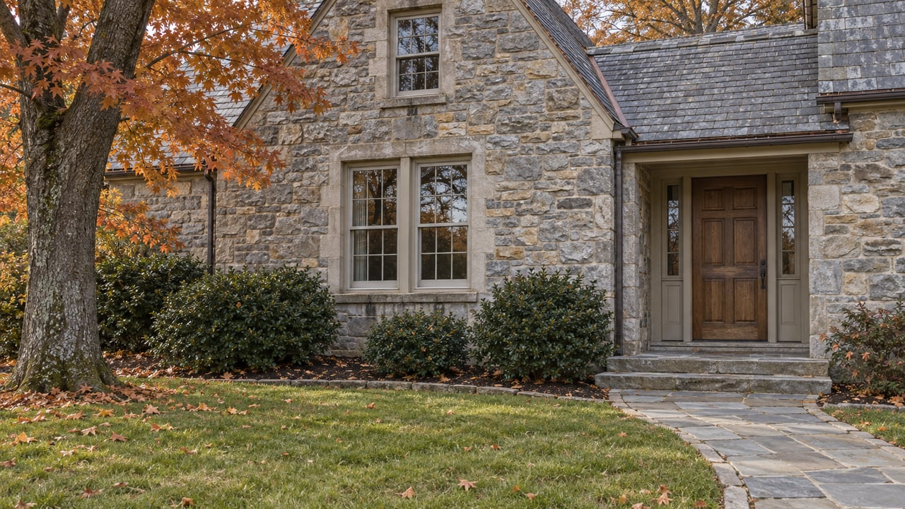 Weathered stone house with slate gable, oak entrance and tall windows beyond an autumn lawn and curved flagstone walk.