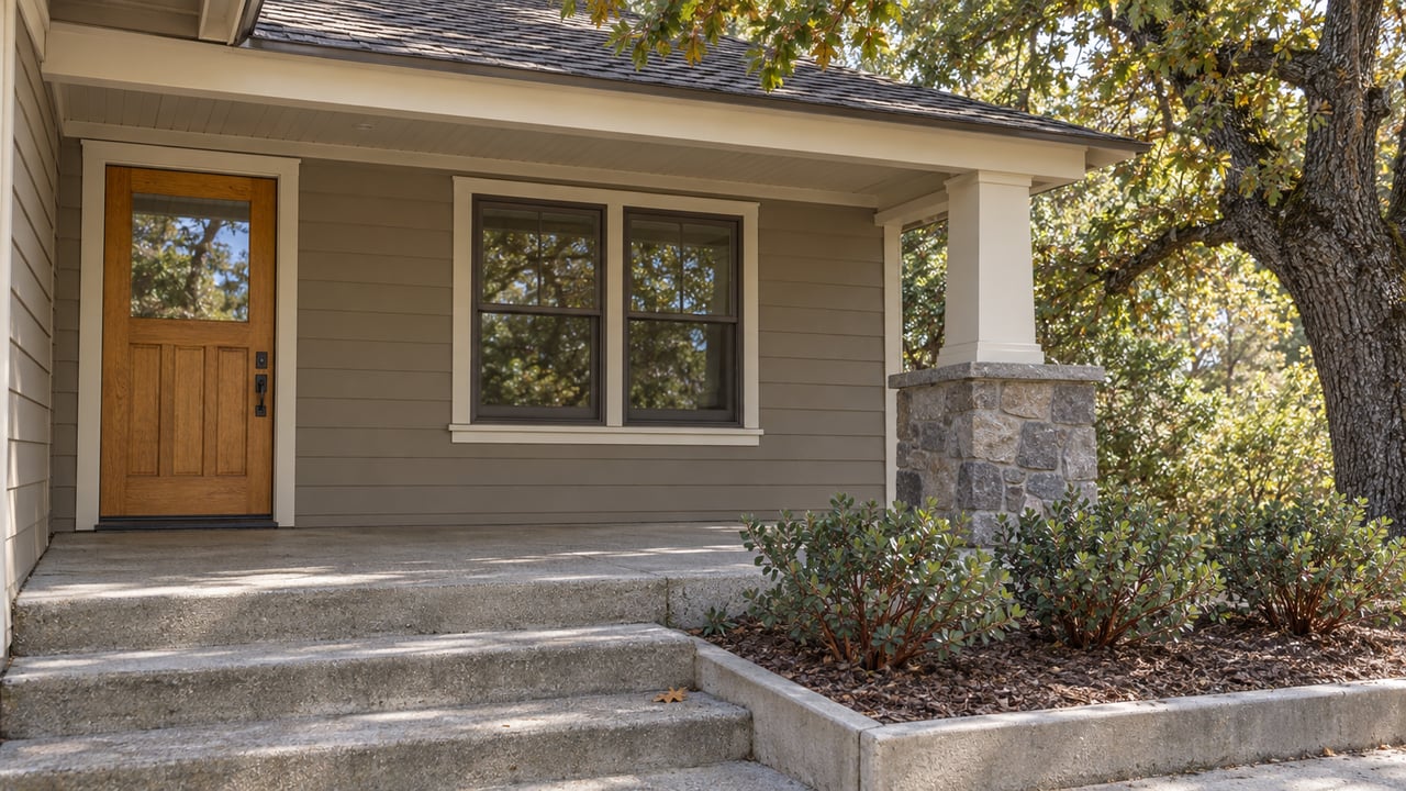 A taupe Craftsman porch with a wood entry door, paired windows, stone-based column and broad concrete steps beside red-stemmed manzanita.