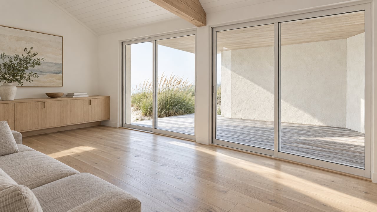 Living room with pale oak floors, built-in cabinet, and glass doors opening onto a weathered-wood deck.