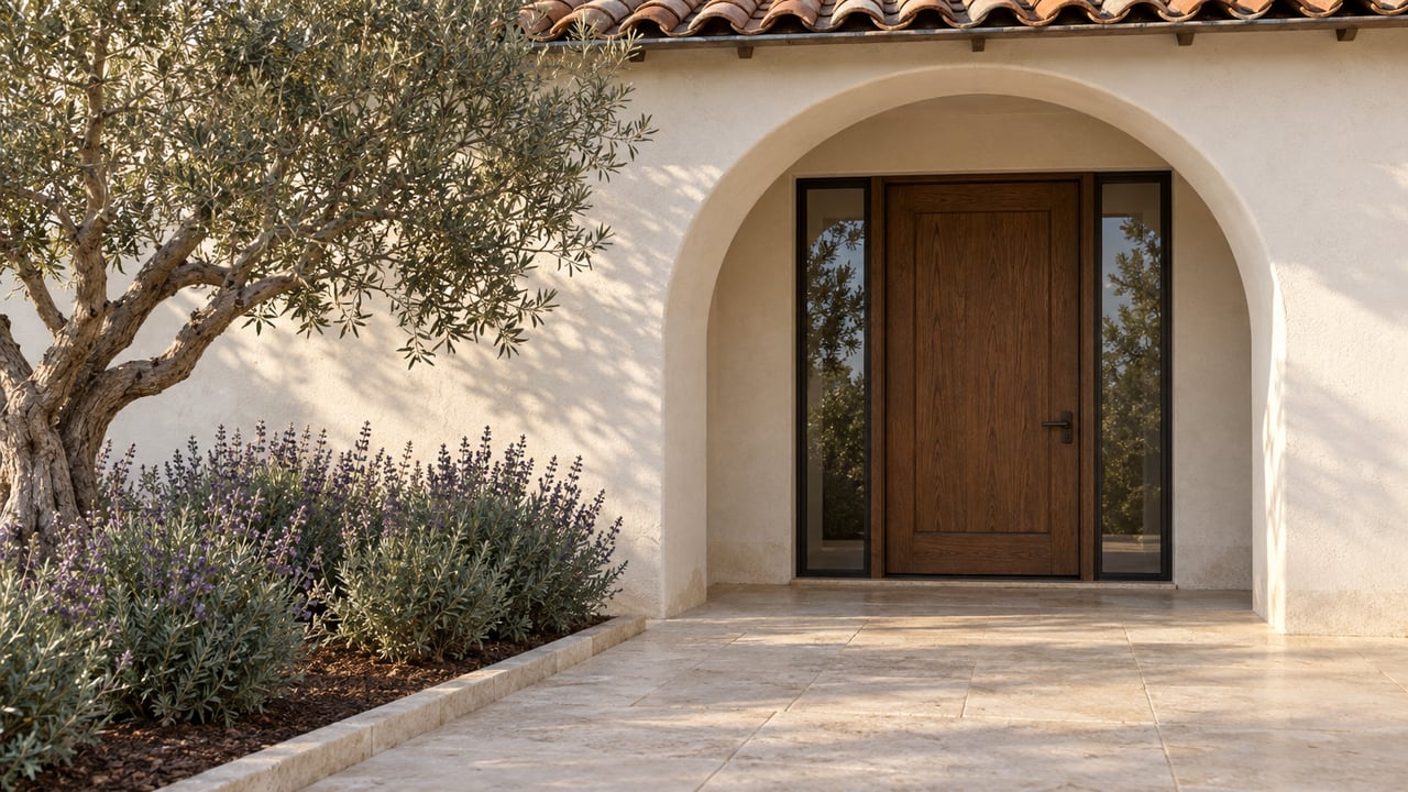 Warm-white stucco home entry with an oak door, paired glass sidelights, limestone paving, and a sculptural olive tree.