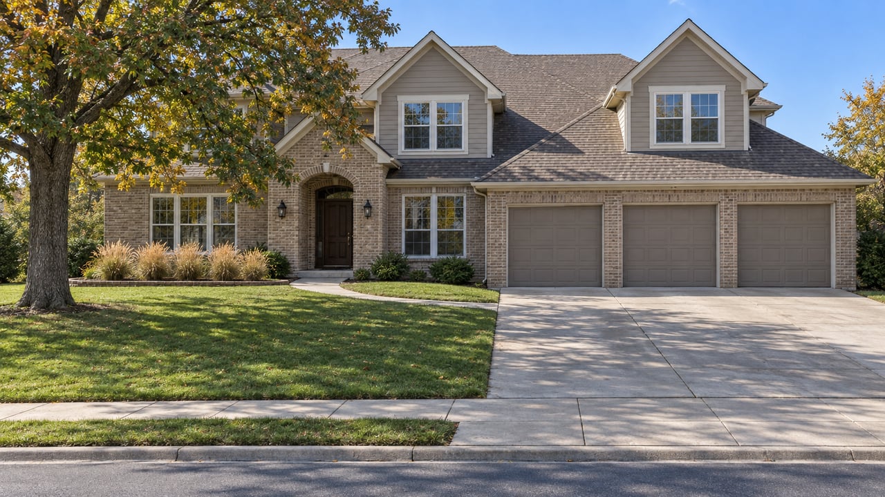 Two-story brick and tan-sided home with three garage bays, a deep front lawn and a mature oak in early-autumn sunlight.