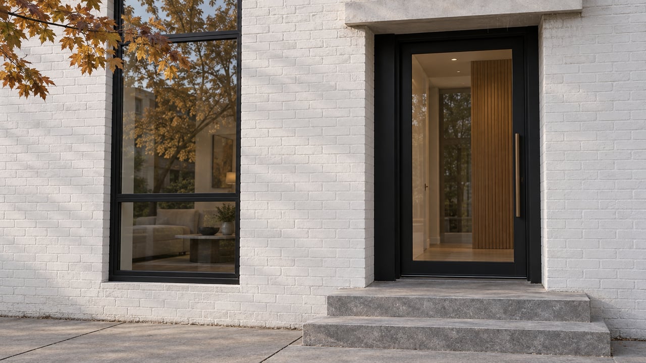 White-painted brick residential entrance with black-framed glazing, oak vestibule finishes and worn limestone steps beneath an autumn maple branch.