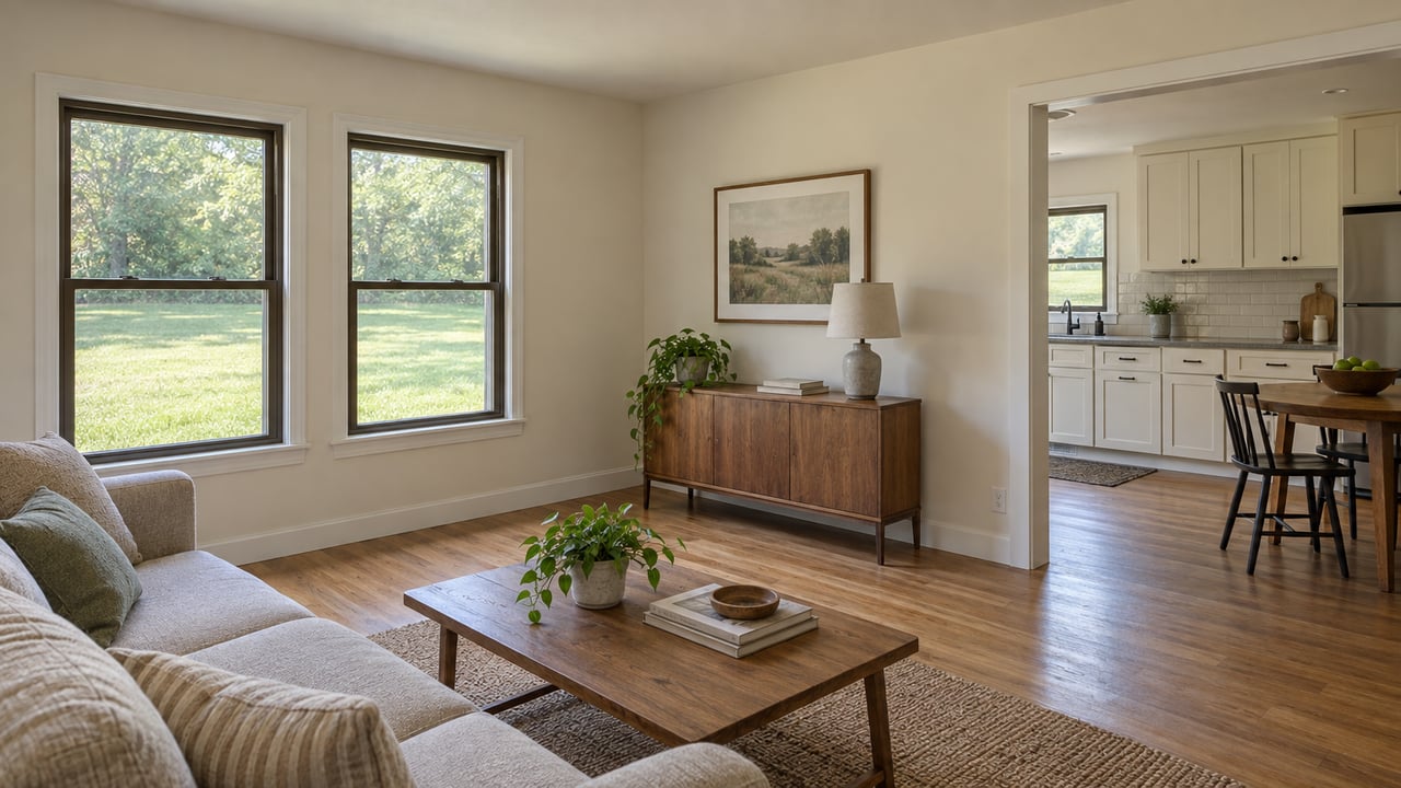 Ranch living room with two dark-framed windows, oak floors, and an open kitchen beyond.